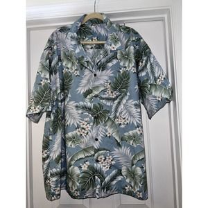 Aloha Republic Hawaiian Short Sleeve Shirt XL Blue Floral Palm Leaf Plumeria USA